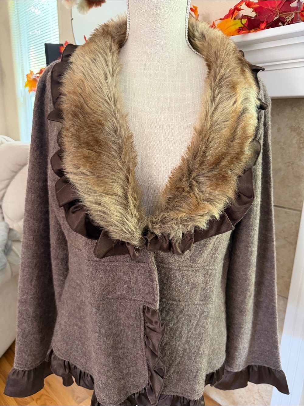 Dress Barn Brown Wool-Blend Sweater Cardigan with Faux Fur Collar